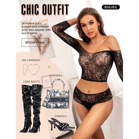 🆕 Women Black Sexy Mesh Lingerie Fishnet Babydoll Long Sleeve Bodysuit Shirts - Picture 5 of 5